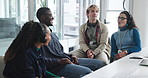 Break, support and talking with friends in call center together for assistance or collaboration. Communication, conversation and teamwork with group of business people in office for customer service