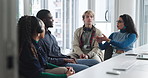 Conversation, explain and support with friends in call center together for assistance or collaboration. Communication, talking and training with group of business people at work for customer service