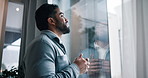 Coffee, planning and businessman by window in office with ideas, reflection or morning break. Cappuccino, thinking and male copywriter with choice or decision for career development in workplace.