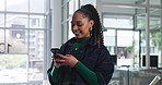 Smile, phone and communication with business woman in office for networking, social media and online news. Technology, contact and website with employee for mobile app, text message and internet
