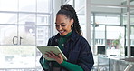 Design, smile and tablet with business black woman in office for creative process or web development. App, planning and research with African website designer at work for user interface programming