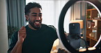 Happy man, influencer and dancing with ring light for video recording or live streaming in home. Excited, male person and dancer with energy, vibe or phone for content creation, online vlog or trend