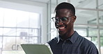 Tablet, business and happy black man with research, networking or journalist reading article. Technology, smile and worker check email with funny news, laugh or publication approval online in office