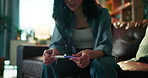 Hands, woman or nervous with pregnancy test on sofa for fertility outcome, regret mistake or stress. Anxiety, person and waiting with stick results in home for pregnant news, pressure and expectation