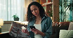 Woman, phone and pills on sofa with search for medicine, side effects or order prescription at home. Person, mobile application and container for drugs, pharma product or label for benefits at house