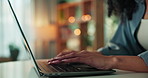 Hands, typing and woman in home with laptop for research, email or communication for creative project. Keyboard, computer and copywriter working on article for online publishing with freelance job.