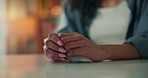 Anxiety, stress and hands of woman in home for uncertain, overthinking and emotional distress. Mental health, worry and person by table with nervous, trauma and overwhelmed for panic attack in house
