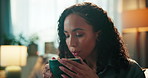 Woman, coffee and blow steam on sofa with aroma, scent and relax with hot beverage in lounge at home. Person, tea cup and warm drink with latte, cappuccino or chilling on couch for break at apartment