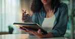 Hands, planning and tablet with real estate agent in home for lease, rental agreement or sale. App, pen and writing with realtor woman in apartment for residential property listing or management