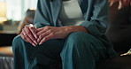 Anxiety, worry and hands of woman in home on sofa for uncertain, overthinking and emotions. Mental health, stress and person on couch with nervous, trauma and overwhelmed for panic attack in house
