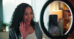Woman, phone and ring light for live streaming in home, wave and happy for web chat with followers. Person, influencer and content creator with discussion, hello and online audience on social media