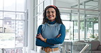 Arms crossed, face and happy with business woman in office for creative career as designer. Confident, proud and smile of design employee in professional workplace for development or job satisfaction