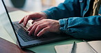 Business man, hands or typing on laptop in office for article research, news story or editing blog. Media agency, content writer or tech for publication draft, submission upload or writing newsletter