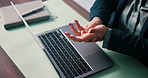 Laptop, wrist pain and businesswoman in office with carpal tunnel, injury or accident with typing for project. Startup, computer and financial manager with hand strain, ache or joint discomfort.