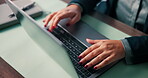 Business woman, hands and research on laptop in office for blog post, article headline and editing. Above, journalist and technology for draft publication, typing submission oandr source verification