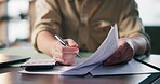 Calculator, documents and hands with business person at desk in office for application, audit or tax form. Paperwork, pen and writing with employee in workplace for accounting, budget or finance