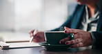 Business woman, hands and coffee with notes at firm for legal research, case thinking or planning. Lawyer, employee and clipboard with concentration for tribunal hearing report and lawsuit solution