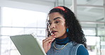 Design, tablet and thinking with business woman in office for creative process or web development. App, idea and smile with happy website designer in workplace for user interface programming