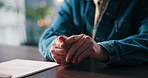Hands, therapy and person with anxiety in appointment for PTSD, trauma counseling and overwhelmed. Clipboard, patient and nervous in clinic with stimming, panic and waiting for psychology evaluation