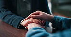 Empathy, holding hands and solidarity with people in home together for grief counseling, loss or pain. Love, support and trust with friends in apartment for bonding, confession or forgiveness