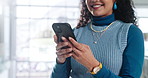 Hands, phone and business woman in office for typing, text or magazine editor with notification. Mobile, smile and worker check email with good news, creative and publication approval on internet