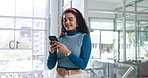 Smile, phone and typing with woman in office for project management, social media and online news. Tech, business contact and communication with employee for mobile app, text message and internet