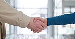 Business people, handshake or meeting with greeting, welcome or introduction for hiring in office. Employees, colleagues or shaking hands with partnership for deal, agreement or teamwork in workplace