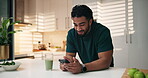 Phone, health and happy man in home with smoothie, research or detox with beverage, nutrition or blog. Morning, article or nutritionist reading post with liquid, vegan diet and mobile for juice tips