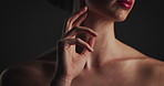 Hand, glow and woman in studio for skincare, dermatology and self care isolated on black background. Model, cosmetics and makeup with aesthetic for shine, facial beauty and health for skin wellness