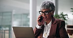 Phone call, business or woman in office, laptop or financial agency with investment deal. Mature person, accounting or employee with cellphone, price negotiation or pc with discussion or stock market