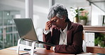 Mistake, stress or mature businesswoman on laptop for administration deadline or error report. Tired, upset or frustrated database administrator in office with tech glitch, project crisis or burnout