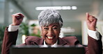 Mature, excited woman and winning with laptop in office for promotion, bonus or salary increase. Happy, female person or business employee with applause, smile or fist pump on computer for good news