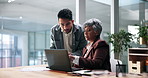 Laptop, meeting and manager with man in office for project feedback, research and proposal review. Corporate, collaboration and woman with worker on computer for discussion, strategy and planning