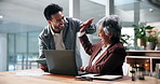 Business, high five and people in workplace, laptop and achievement with b2b deal. Employees, financial agency or support with pc, success or stock market with opportunity, profit increase or trading
