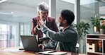Business, high five and people in office, laptop and achievement with profit increase. Employees, financial agency and teamwork with pc, success and stock market with opportunity, support or b2b deal