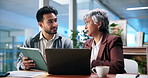 Laptop, meeting and business people on tablet for project feedback, research and proposal review. Corporate, collaboration and woman with man on computer for discussion, strategy and online planning