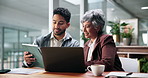 Tablet, meeting and manager with man in office for project feedback, research and proposal review. Business, collaboration and woman with worker on computer for discussion, strategy and planning