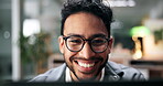 Face, solution or happy businessman on laptop for problem solving or investment banking task. Smile, technology or excited professional banker with confidence, finance experience or financial report