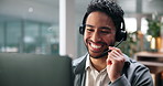 Call center, happy and man in office on computer for talking, contact us and online consulting. Professional, smile and person with headset for service, communication and customer support for IT help