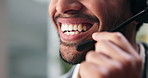 Call center, happy and mouth of man in office for talking, contact us and online consulting. Professional, closeup and person with headset for service, communication and customer support for IT help