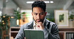 Thinking, employee and man with tablet, office and working late for web design, deadline or project. Reflection, UX designer and person with tech for assignment, online and creative agency at night
