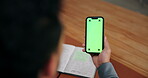 Hand, business and person with green screen of phone for communication, social media and research. Back, man and space with mobile for information, schedule update and message notification in office