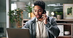 Phone call, business and man in workplace, laptop and financial agency with investment deal. Person, accounting and employee with smartphone, price negotiation and computer with email or stock market