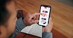 Online shopping, food and customer with smartphone, home or order meal on website, hands and screen. Browsing, menu and ecommerce with mobile app, person and search for takeaway with tech or shopper