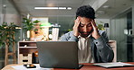 Mistake, headache or frustrated businessman on laptop for administration risk or error report. Migraine, stress or tired database administrator in office for tech glitch, project crisis or burnout
