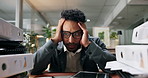 Pile, stress and business man at desk with documents for deadline, tasks and work load. Thinking, office and overwhelmed person with paperwork, files and report for burnout, frustrated and overworked