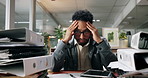 Documents, overwhelmed and business man at desk for deadline, tasks and work load. Thinking, office and person stressed out with paperwork, files and report for burnout, frustrated and overworked