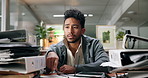 Pile, overwhelmed and businessman at desk with documents for deadline, tasks and work load. Thinking, office and person stress with paperwork, files and report for burnout, frustrated and overworked
