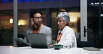 Meeting, night and business people on tech for finance review, planning and proposal deadline. Corporate, collaboration and woman with man on tablet for research, budget and financial report in dark