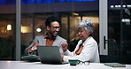 Night, laptop and business people in office, high five and financial agency with support. Evening, teamwork and employees with pc success and email with profit growth, investment deal and partnership